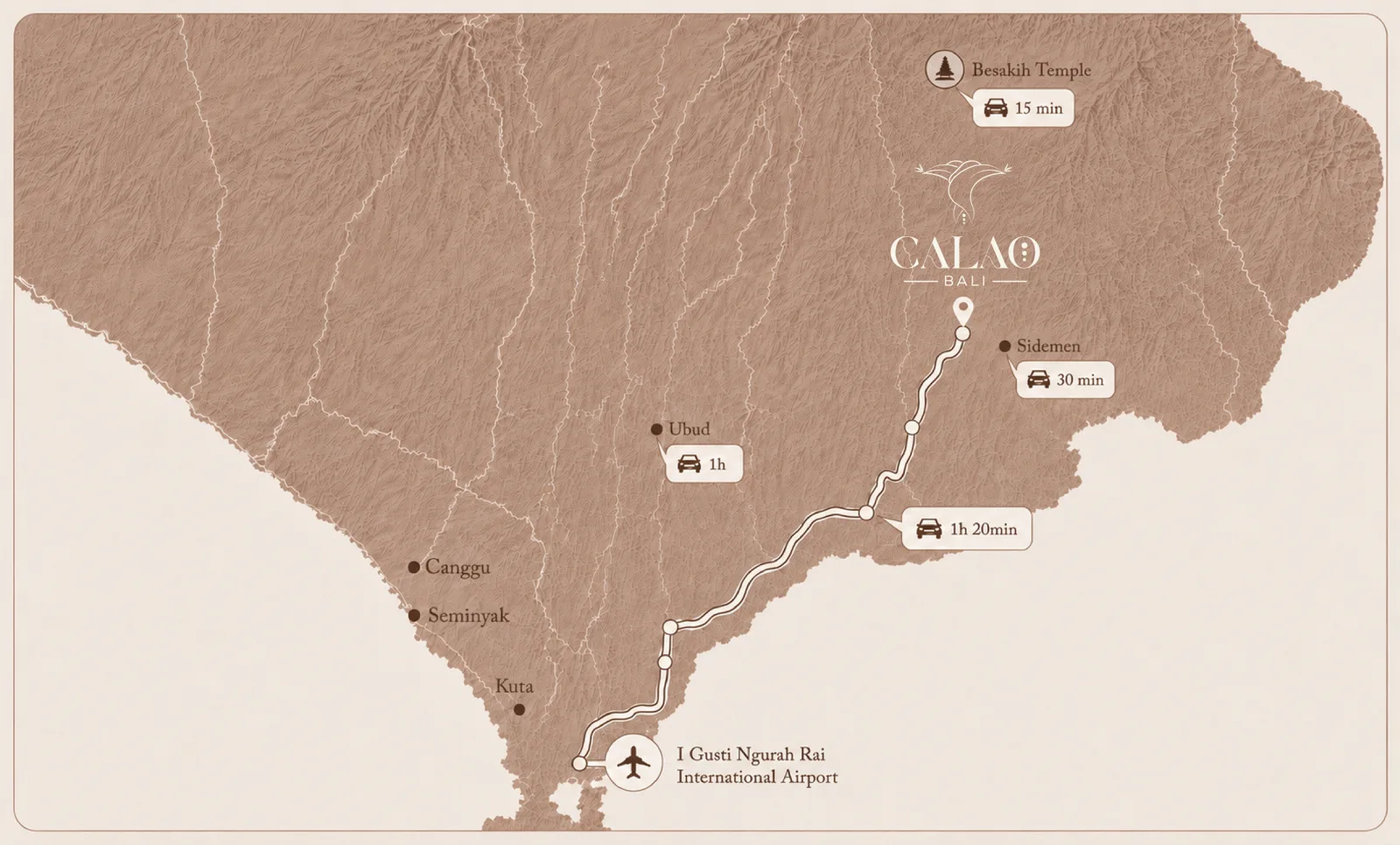 Illustrated map showing Calao Bali in Menanga, Karangasem, Bali, with distances to Besakih Temple, Ubud, Canggu, Seminyak, Kuta and the airport